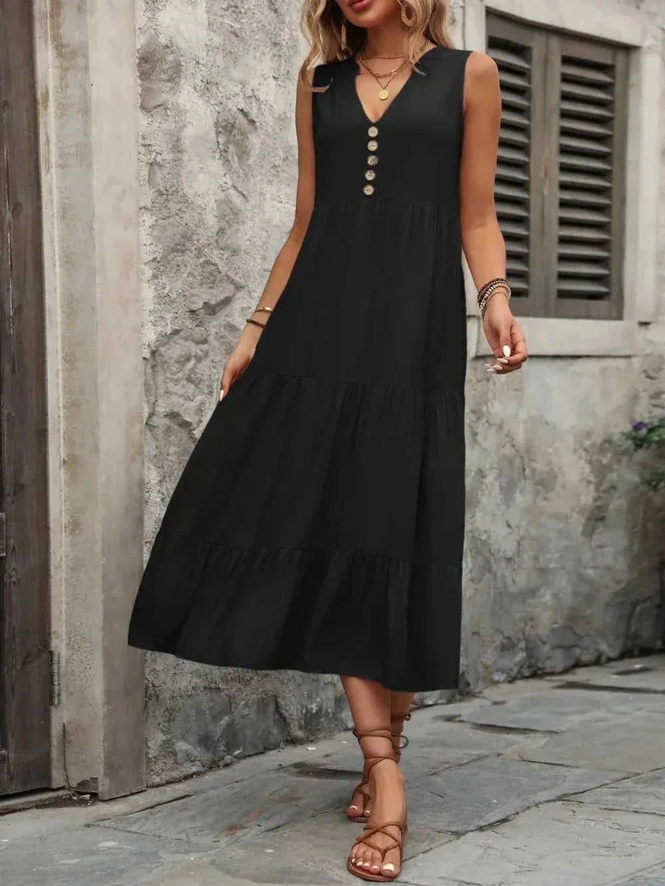 Ivy Lane Decorative Button Notched Sleeveless Dress -- 