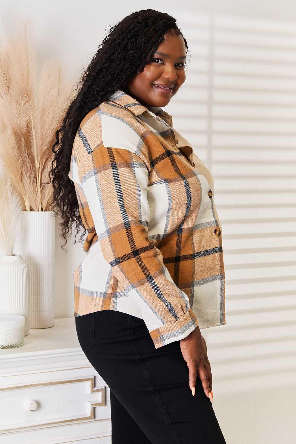 Perfee Plaid Print Dropped Shoulder Shirt -- 