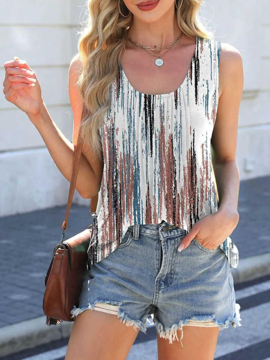 Printed Scoop Neck Wide Strap Tank -- 