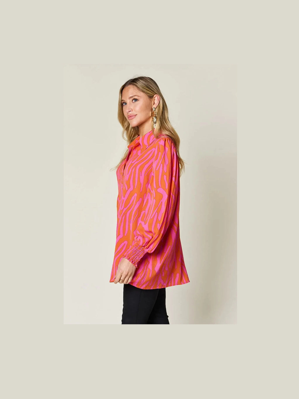 Double Take Full Size Printed Smocked Long Sleeve Blouse Plus Size -- 