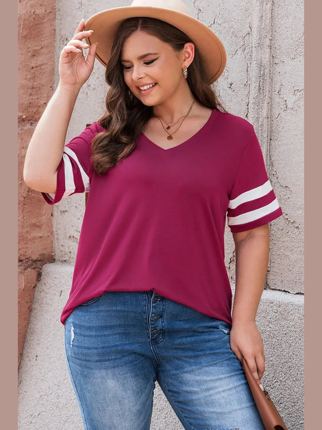 Plus Size Striped V-Neck Tee Shirt -- 