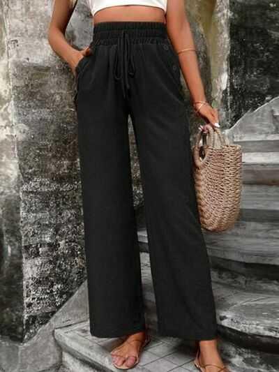 Tied High Waist Wide Leg Pants with Pockets -- 