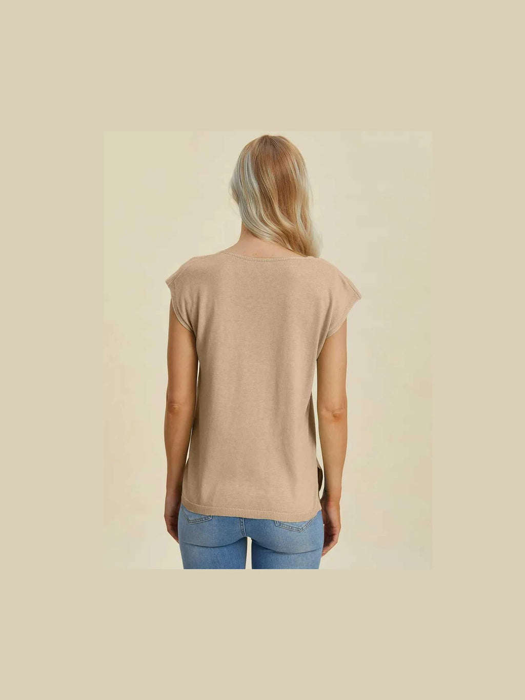 Double Take Full Size Notched Cap Sleeve Knit Top -- 