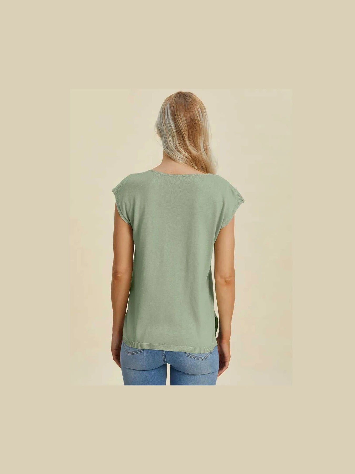 Double Take Full Size Notched Cap Sleeve Knit Top -- 