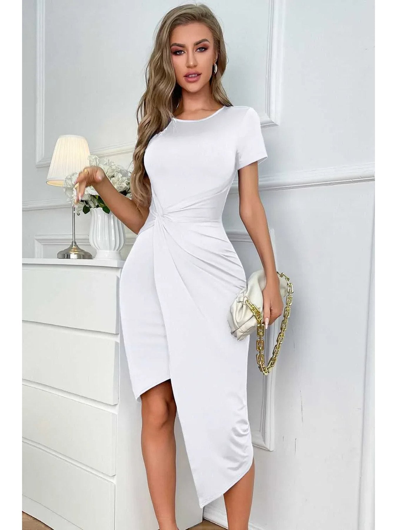 Twisted Asymmetrical Short Sleeve Dress -- 