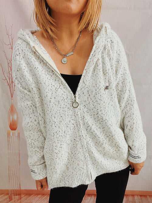 Zip Up Drawstring Long Sleeve Hooded Sweater -- 