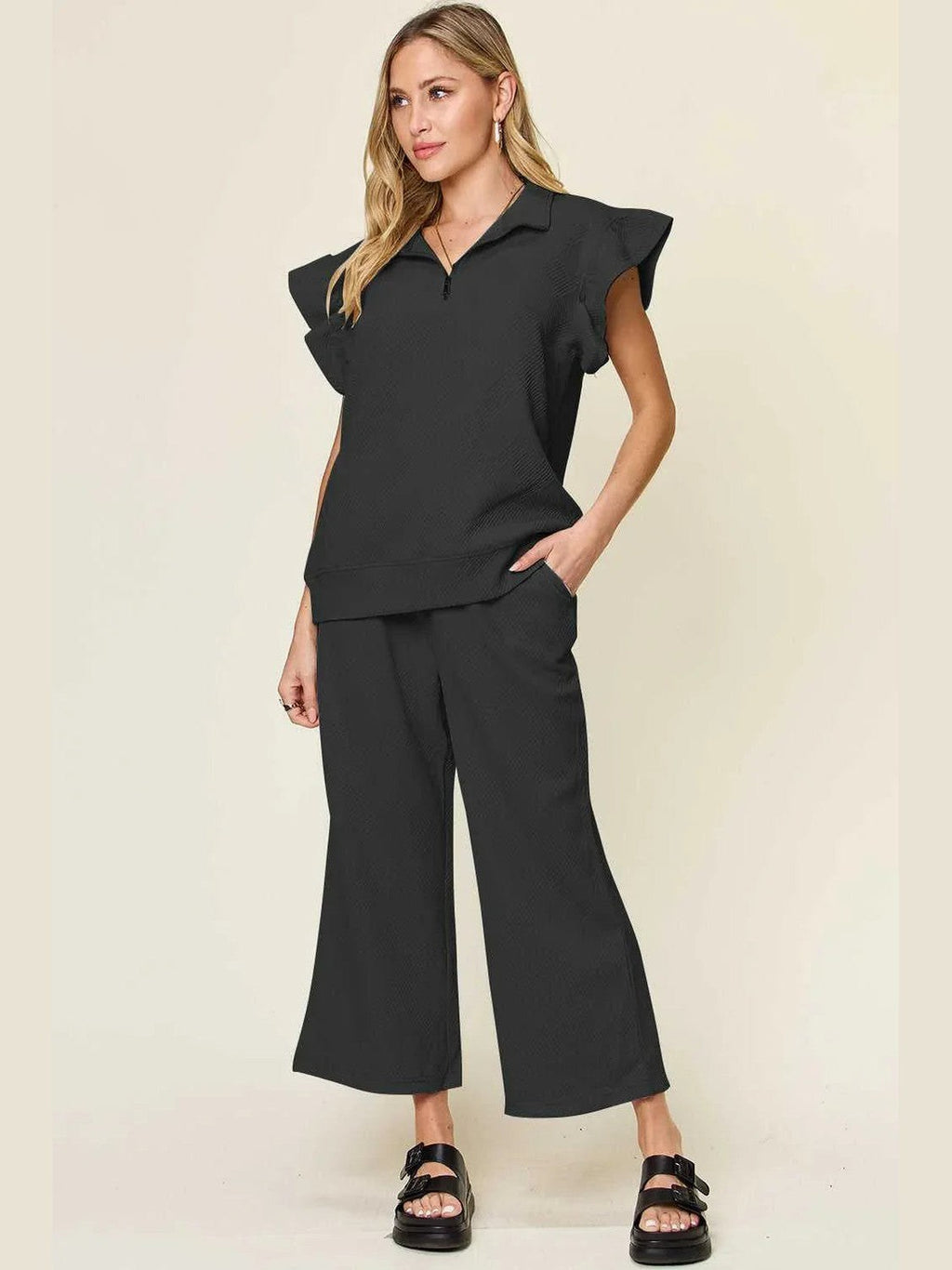 Ruffle Short Sleeve Top and Drawstring Wide Leg Pants Set -- 