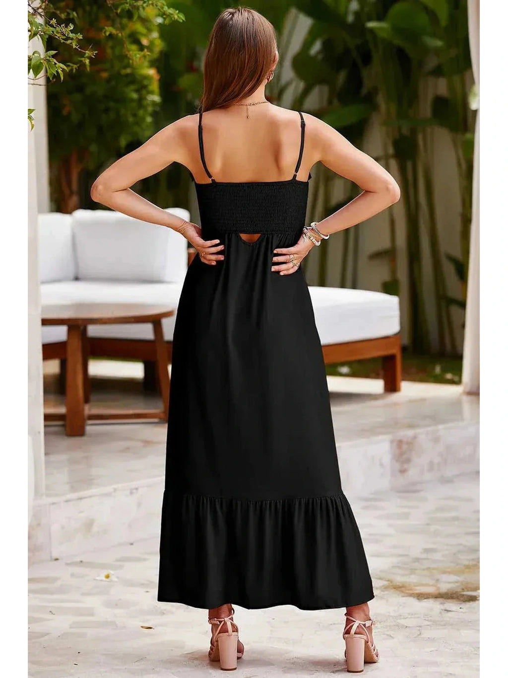 Smocked Spaghetti Strap Ruffle Hem Dress -- 