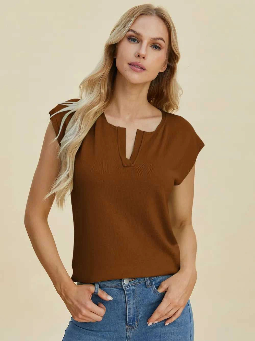 Double Take Full Size Notched Cap Sleeve Knit Top -- 
