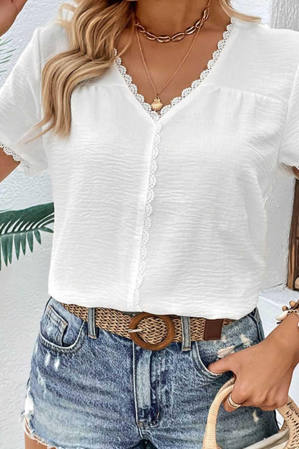 Perfee Textured Lace Trim Tee Shirt -- 