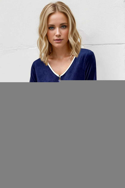 Double Take Wave Contrast Trim V-Neck Zip Up Long Sleeve Mini Dress