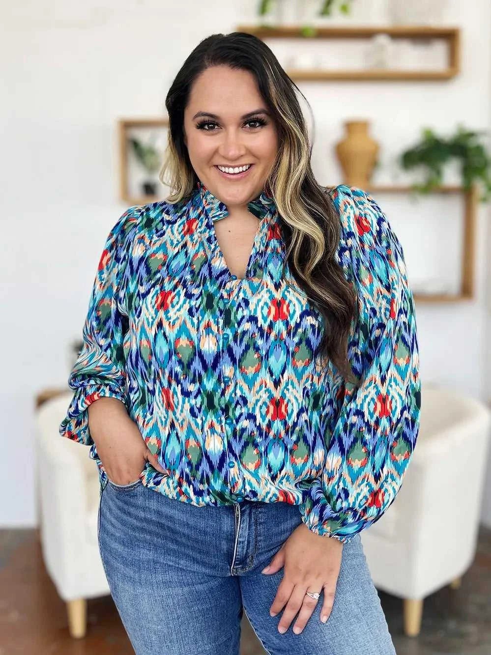 Double Take Full Size Printed Balloon Sleeve Blouse -- 