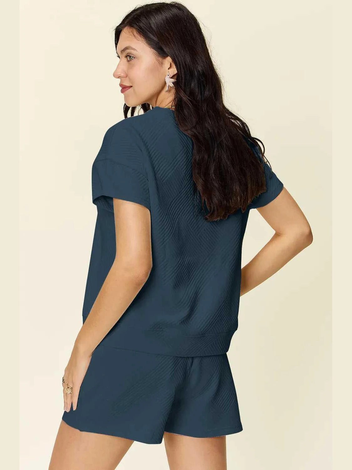 Double Take Full Size Texture Short Sleeve T-Shirt and Drawstring Shorts Set -- 