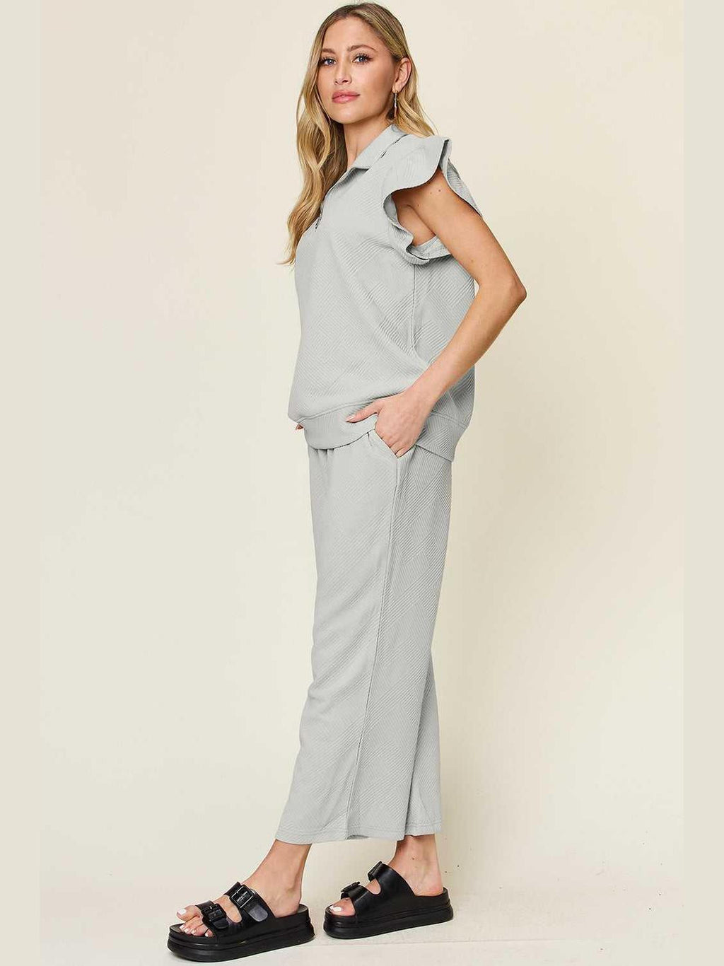 Ruffle Short Sleeve Top and Drawstring Wide Leg Pants Set -- 