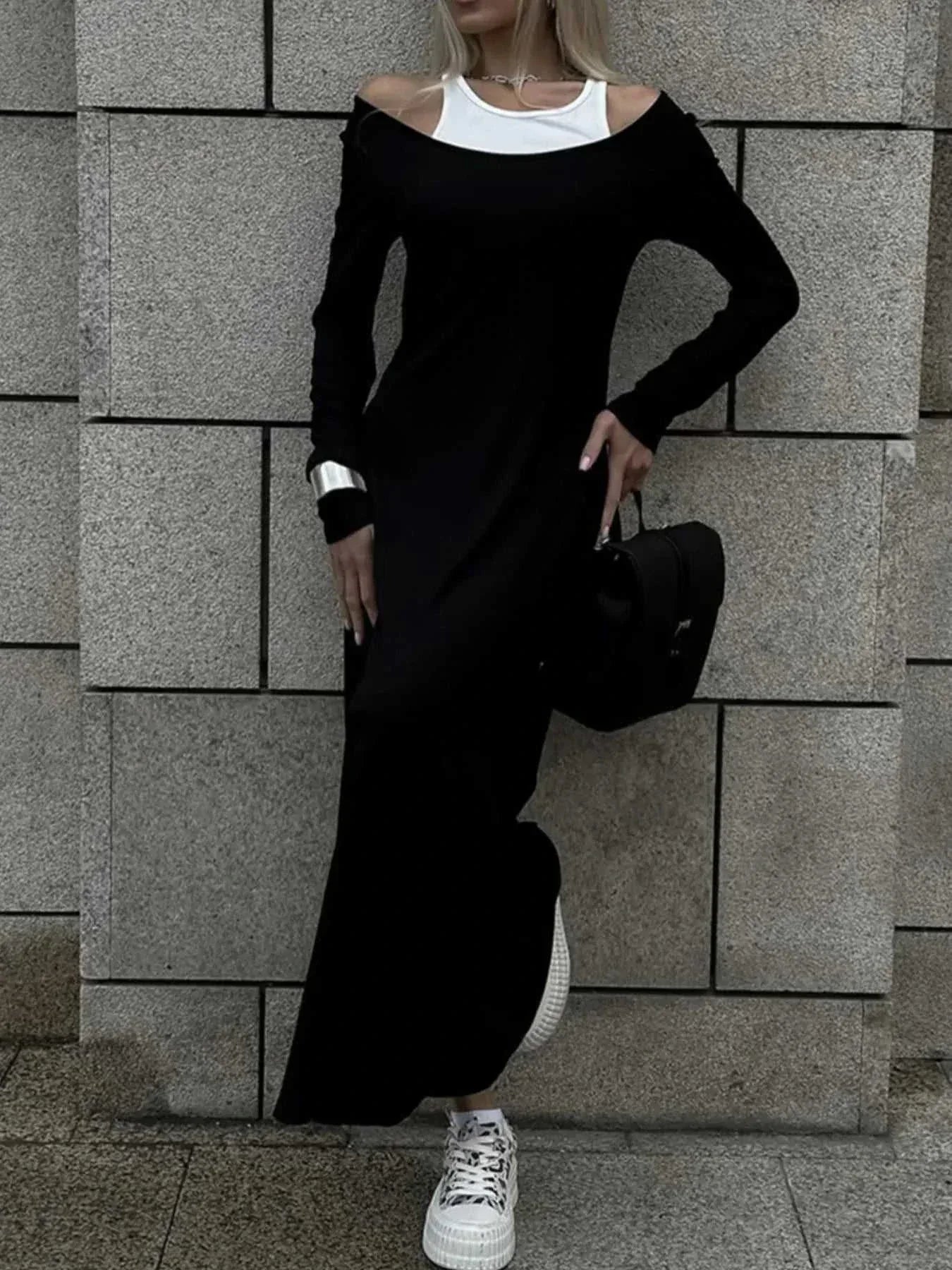 Contrast Long Sleeve Maxi Dress -- 