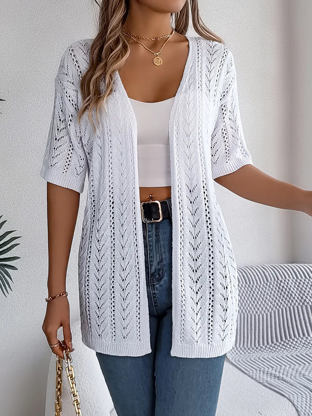 Openwork Open Front Half Sleeve Cardigan – White, Tan & Burnt Coral