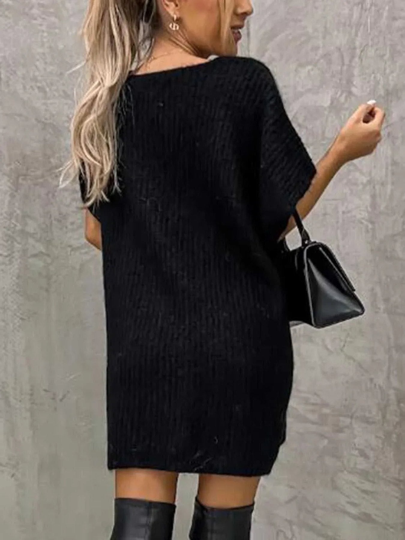 Short Sleeve Sweater Dress with Pockets -- 