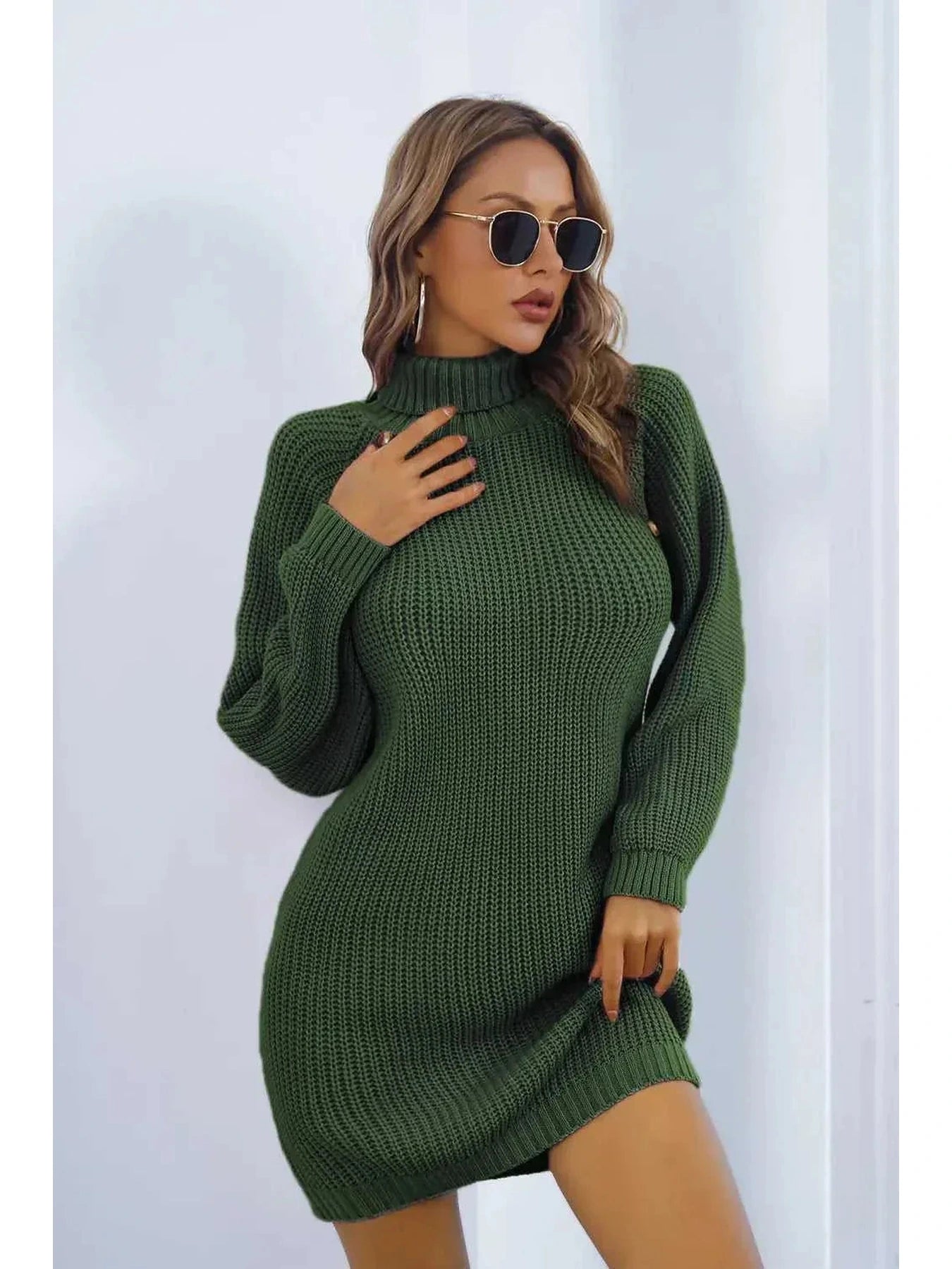 Buttoned Turtleneck Long Sleeve Sweater Dress -- 