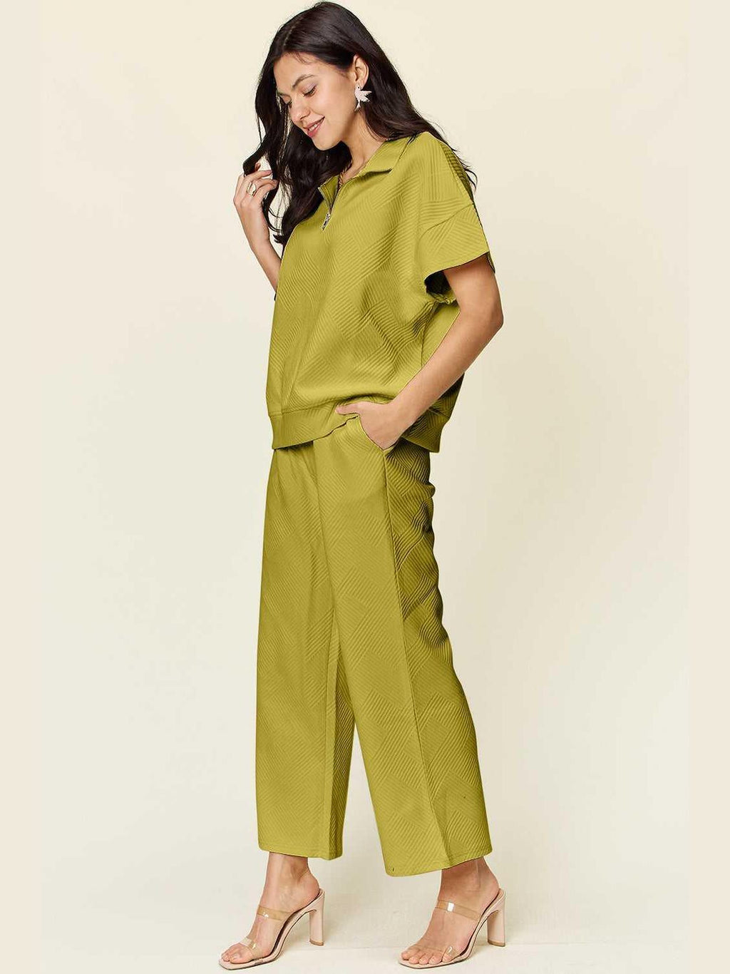 Double Take Full Size Texture Half Zip Short Sleeve Top and Pants Set -- 