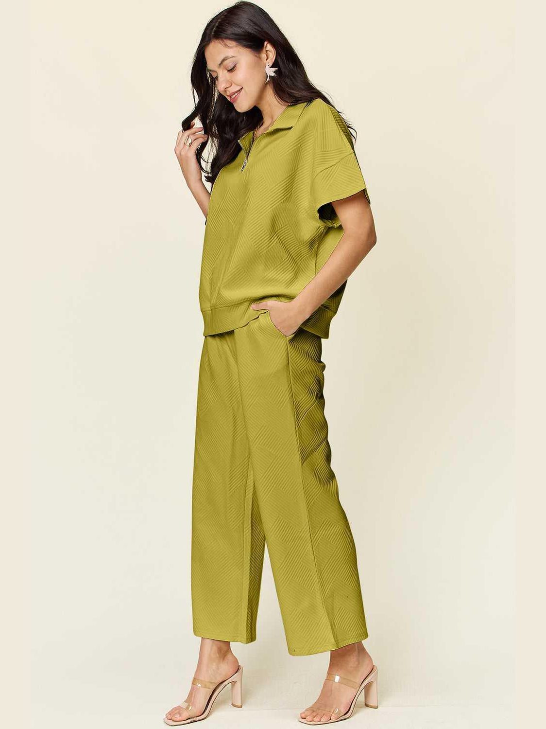 Double Take Full Size Texture Half Zip Short Sleeve Top and Pants Set -- 