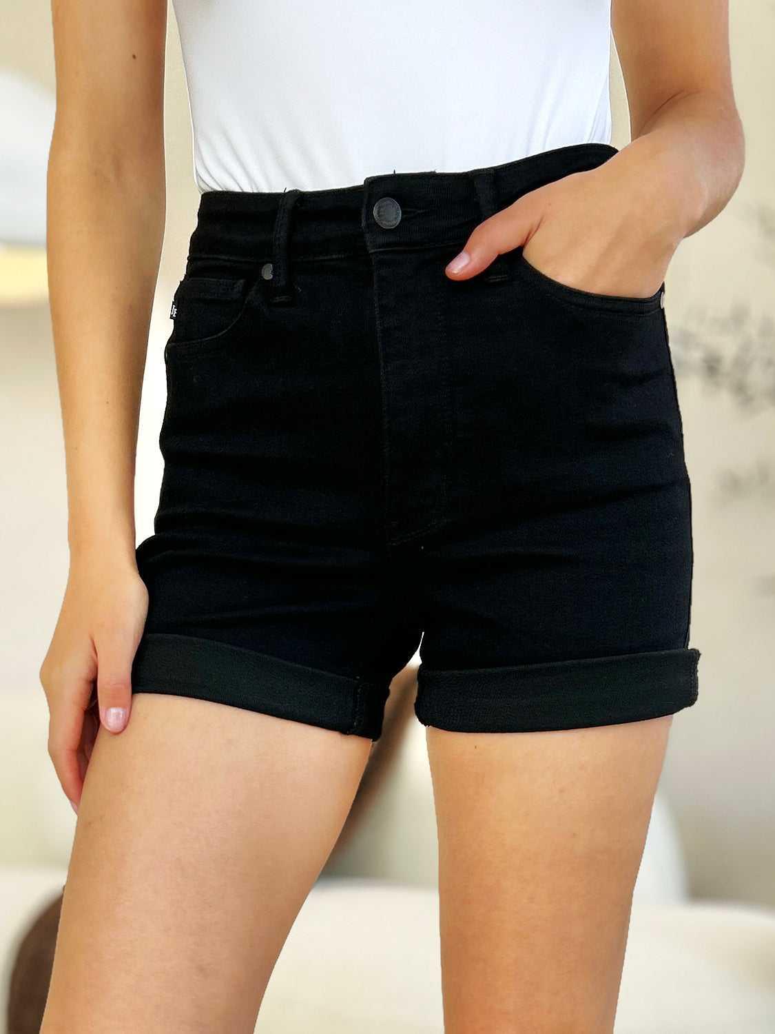 Judy Blue Full Size High Waist Tummy Control Cuffed Denim Shorts -- 