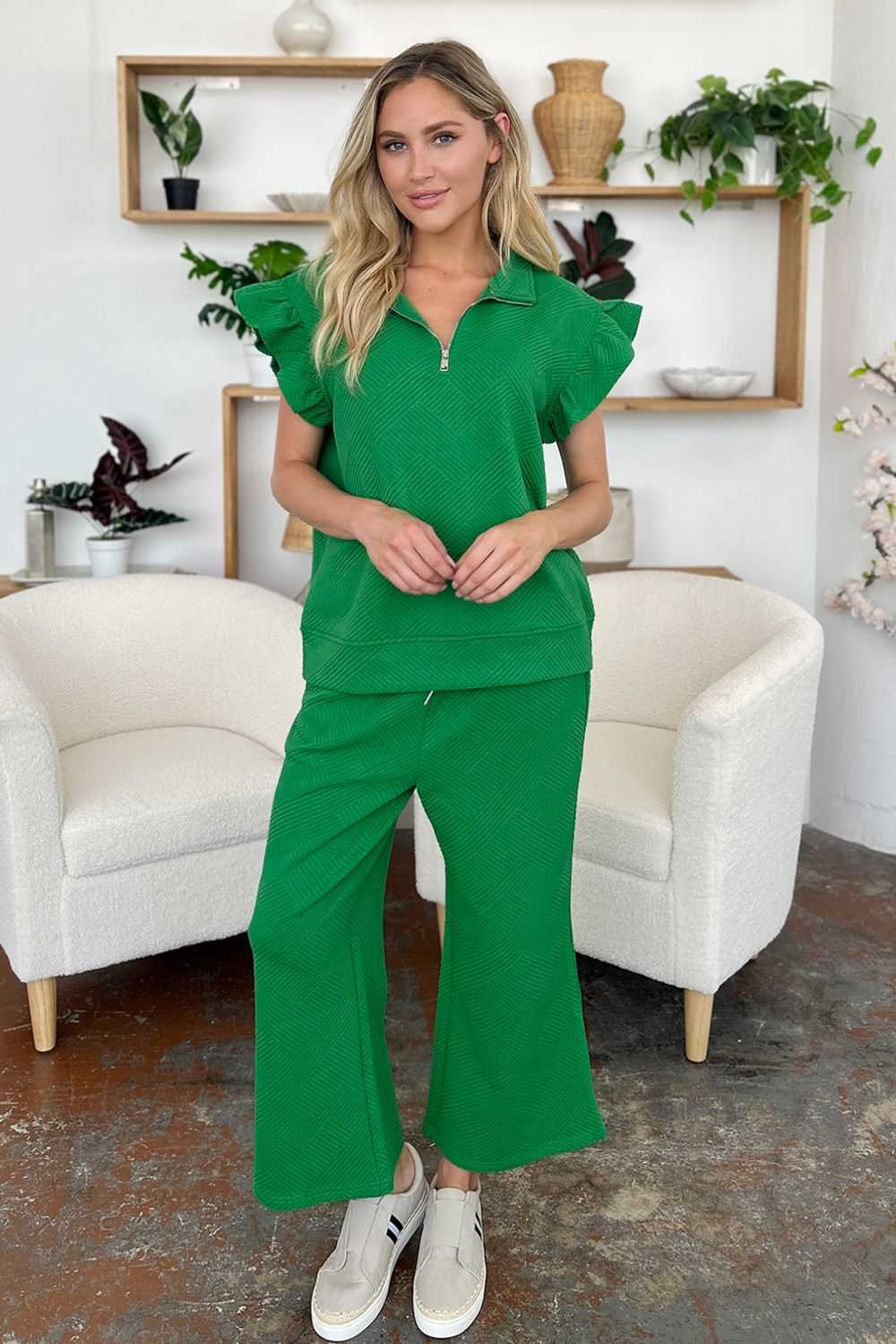 Ruffle Short Sleeve Top and Drawstring Wide Leg Pants Set