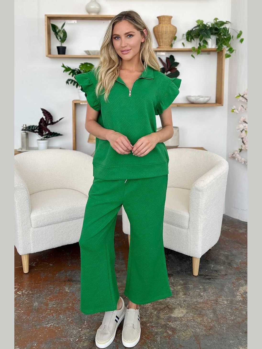 Ruffle Short Sleeve Top and Drawstring Wide Leg Pants Set -- 