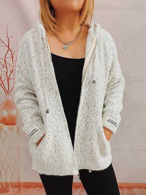 Zip Up Drawstring Long Sleeve Hooded Sweater -- 