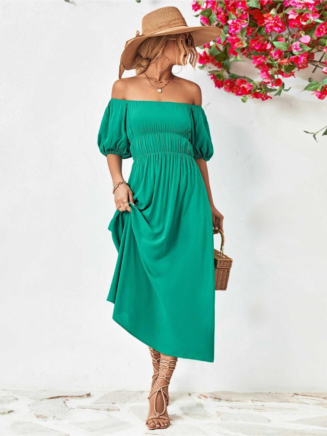 Off-Shoulder Balloon Sleeve Midi Dress -- 