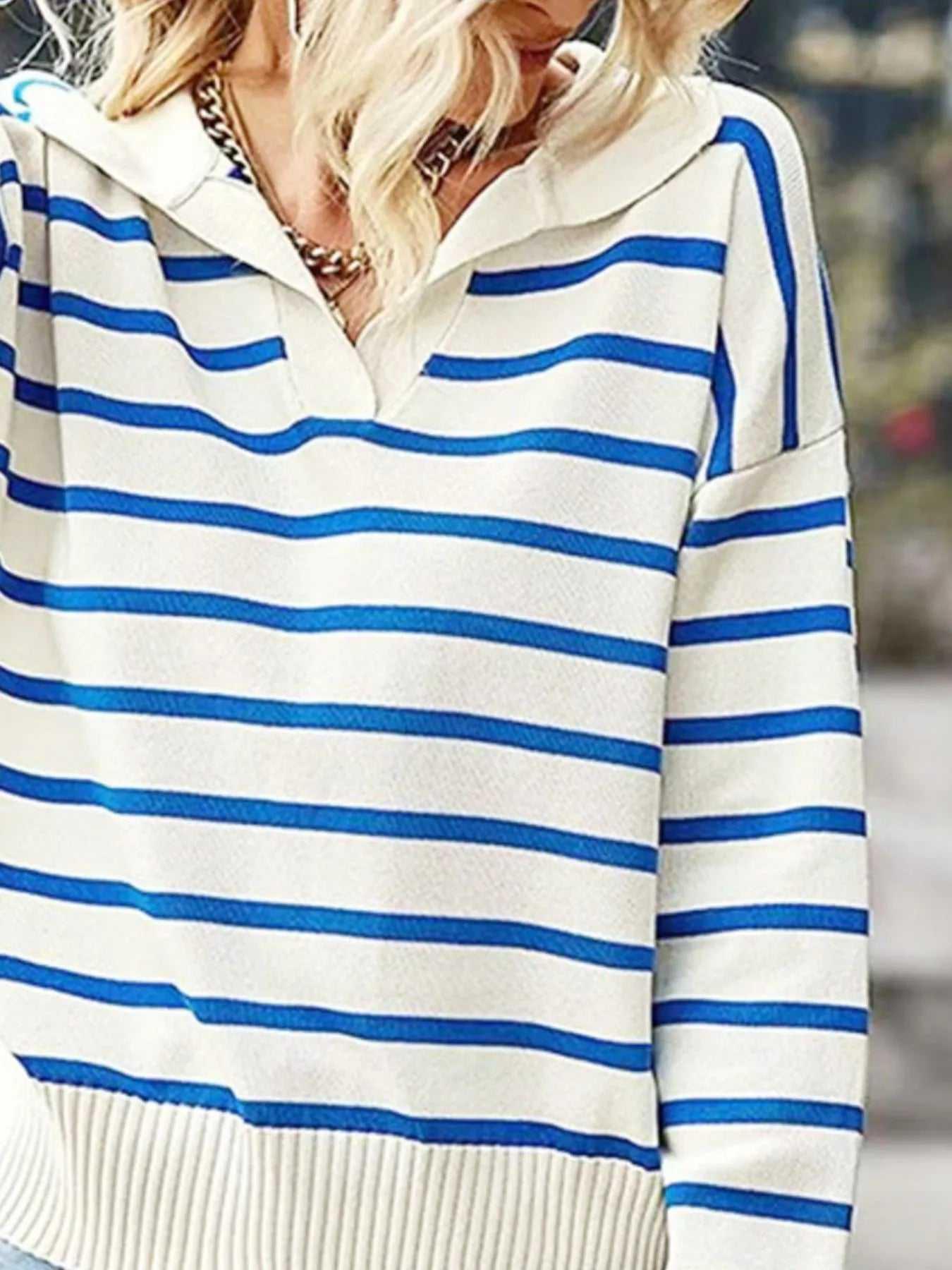 Ribbed Hem Long Sleeve Striped Sweater -- 