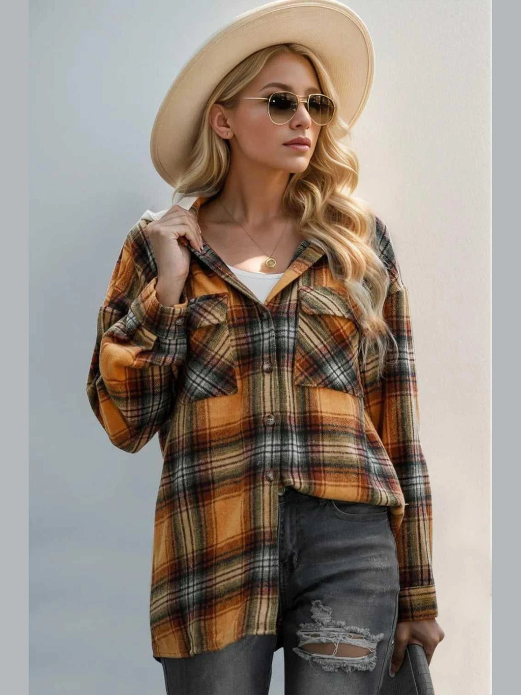 Double Take Drawstring Plaid Long Sleeve Hooded Shacket -- 