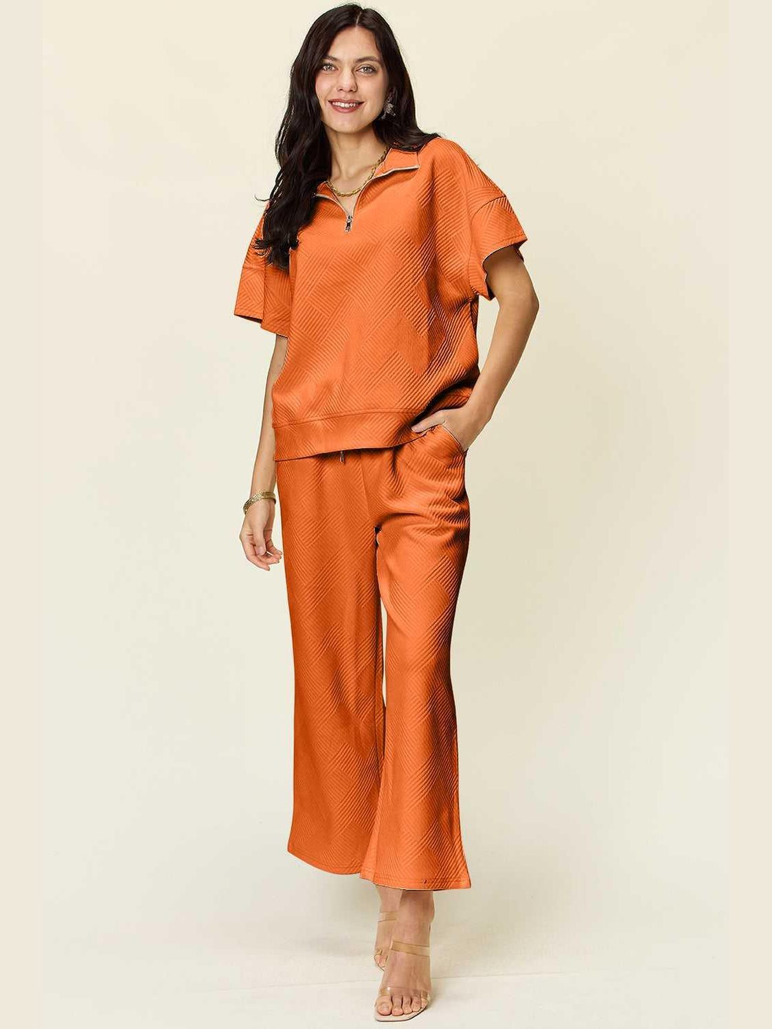 Double Take Full Size Texture Half Zip Short Sleeve Top and Pants Set -- 
