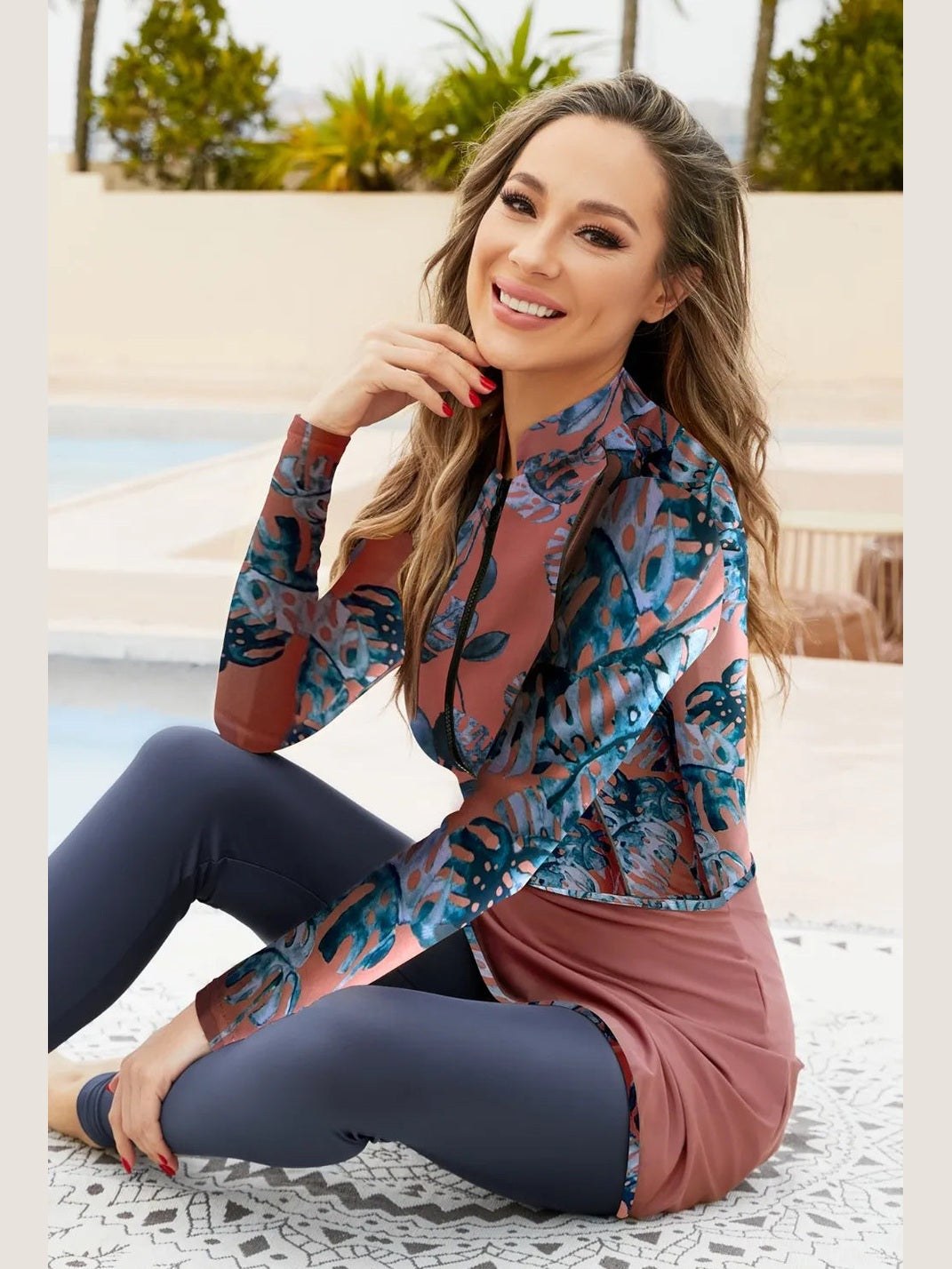 Printed Long Sleeve Four-Piece Modest Swim Set
