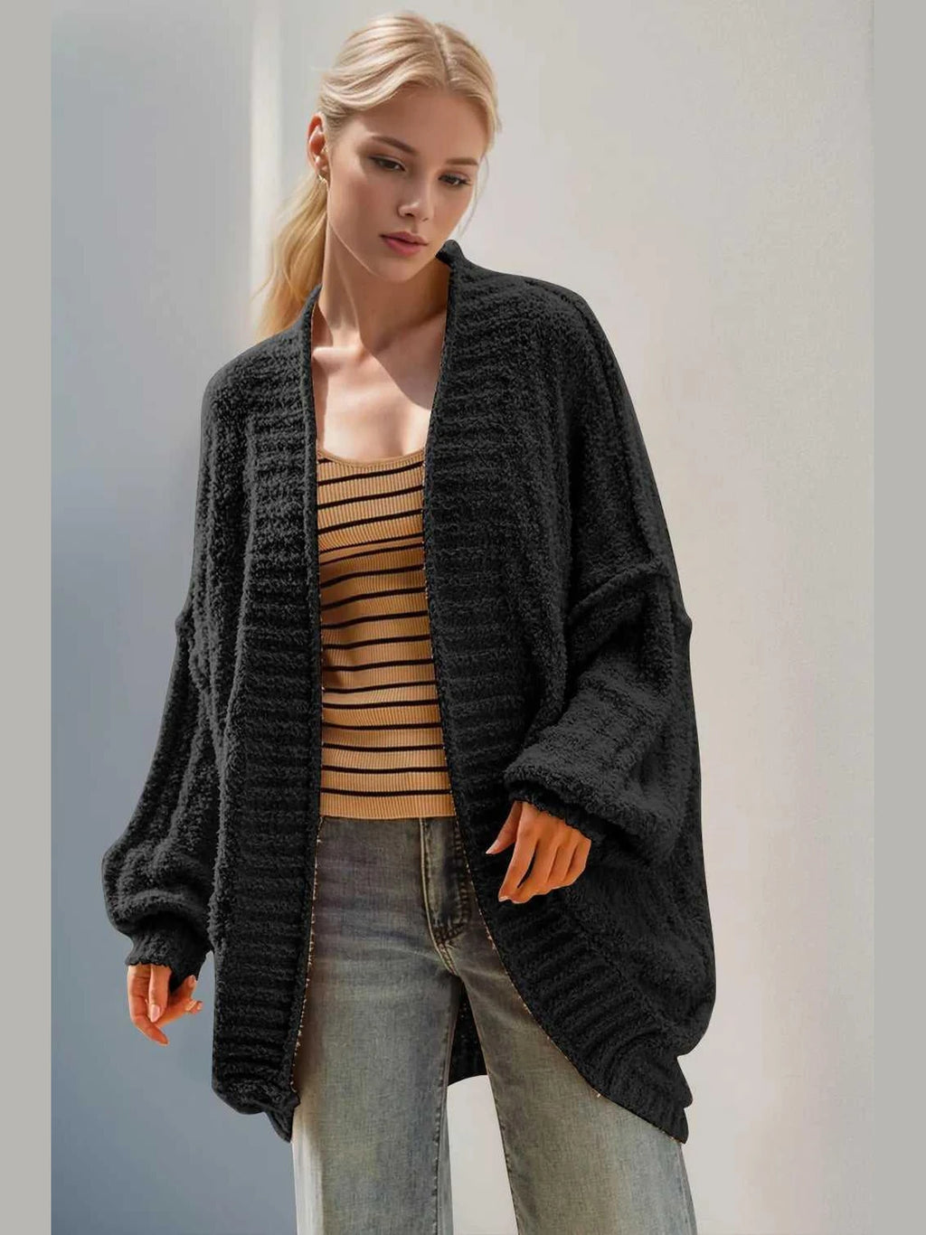 Double Take Full Size Open Front Long Sleeve Cardigan -- 