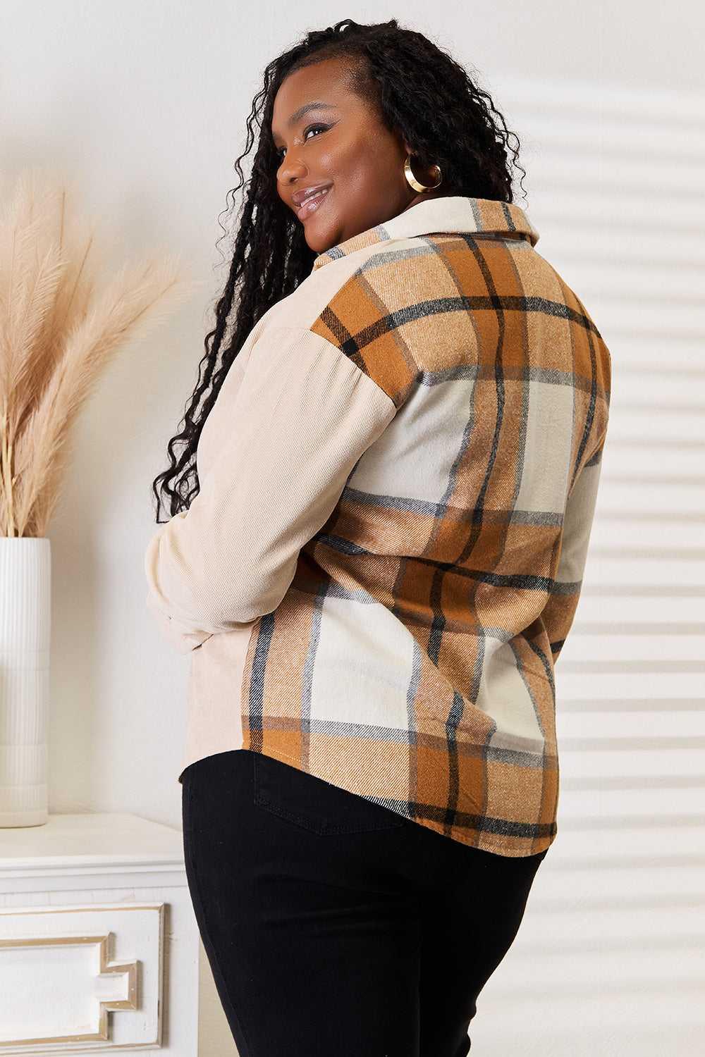 Perfee Plaid Print Dropped Shoulder Shirt -- 
