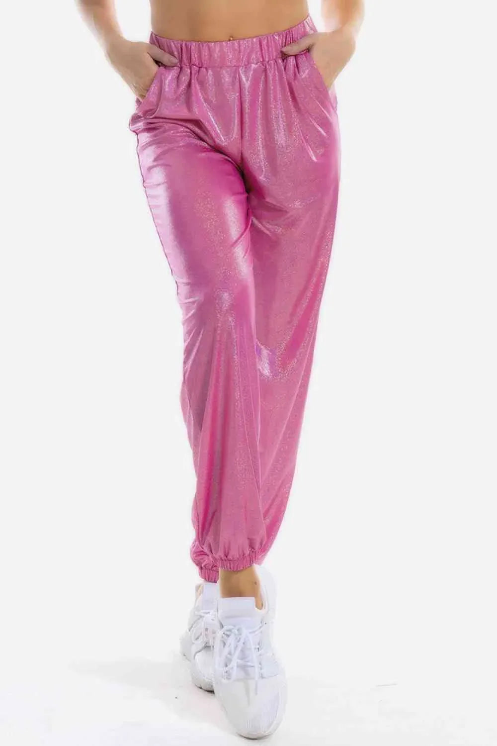 Glitter Elastic Waist Pants with Pockets -- 