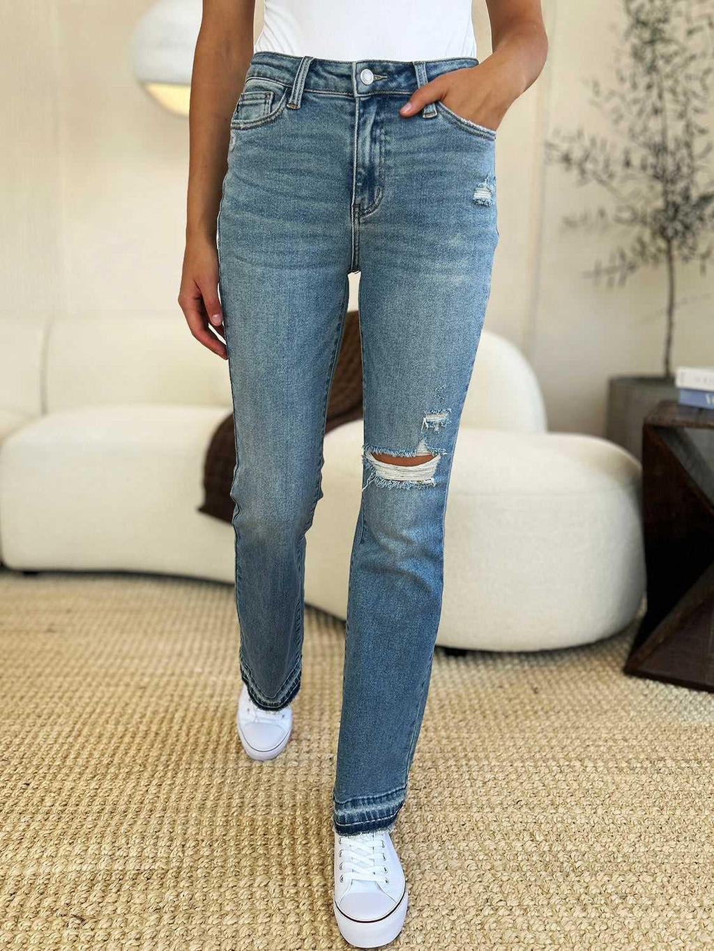 Judy Blue Full Size Mid Rise Destroyed Hem Distressed Jeans -- 