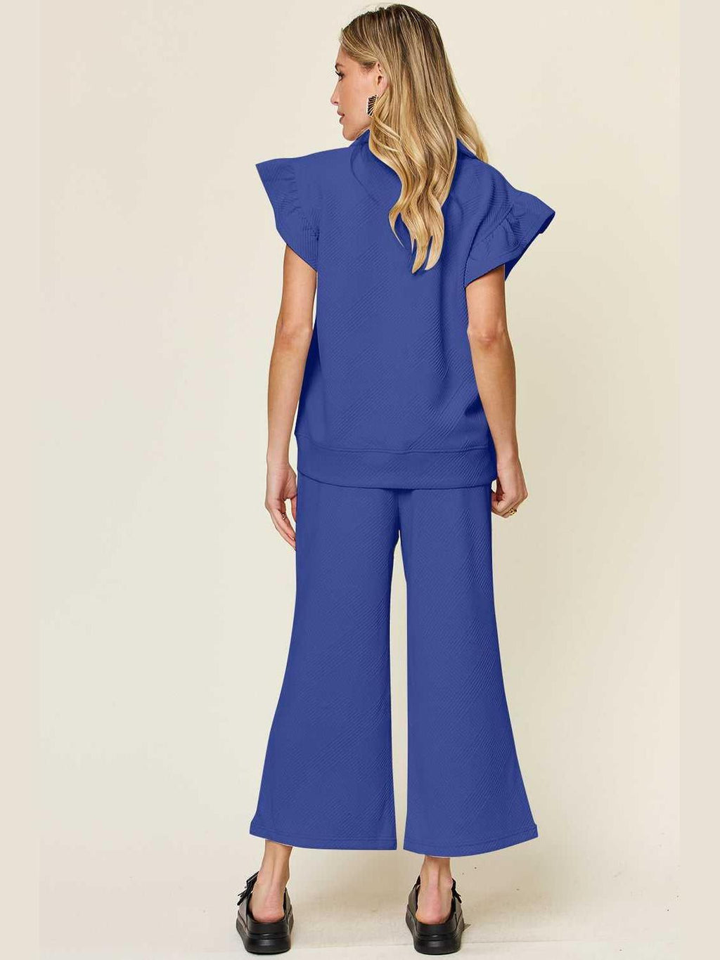 Ruffle Short Sleeve Top and Drawstring Wide Leg Pants Set -- 