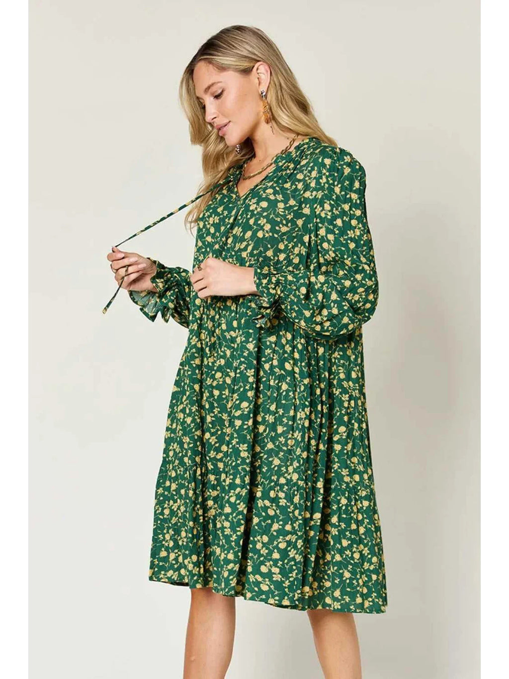 Double Take Full Size Printed Ruffle Hem Long Sleeve Tiered Dress -- 