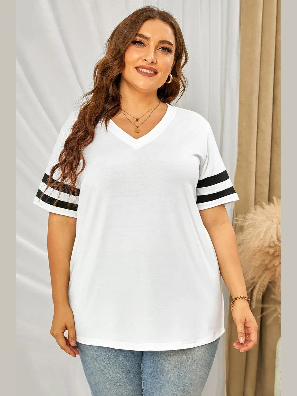Plus Size Striped V-Neck Tee Shirt -- 