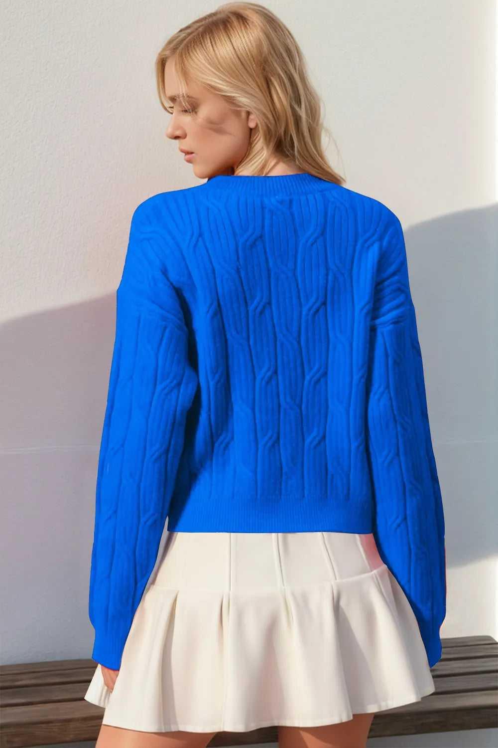 Double Take Full Size Bow Cable-Knit Round Neck Sweater -- 