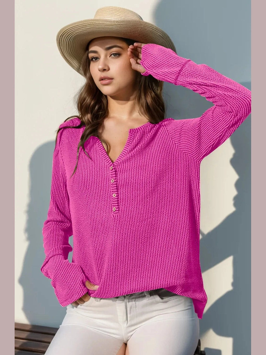 Double Take Full Size Notched Thumbhole Long Sleeve T-Shirt -- 