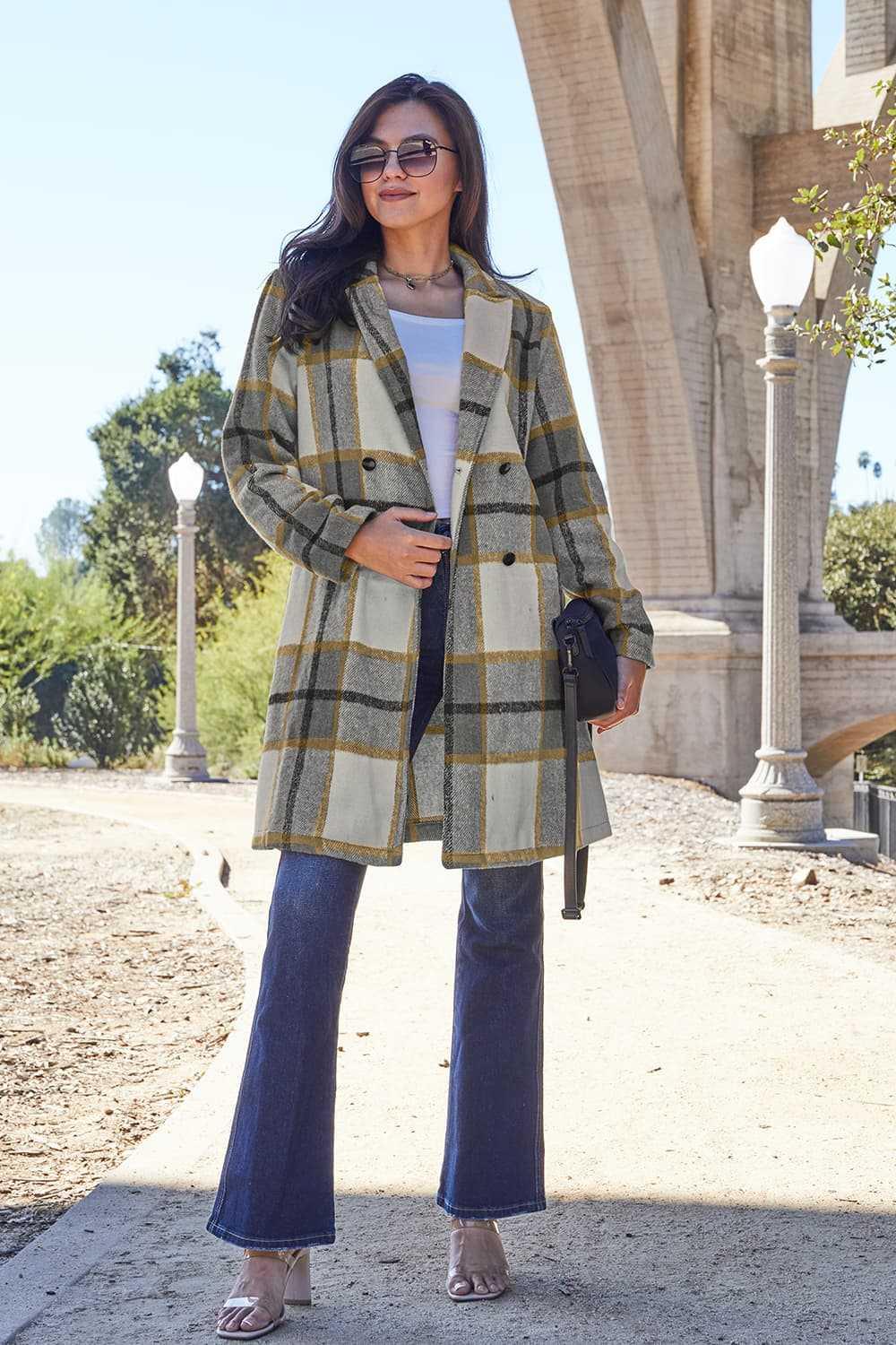 Double Take Full Size Plaid Button Up Lapel Collar Coat -- 
