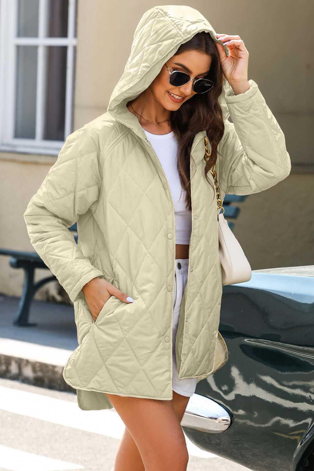 Snap Down Long Sleeve Quilted Winter Coat -- 