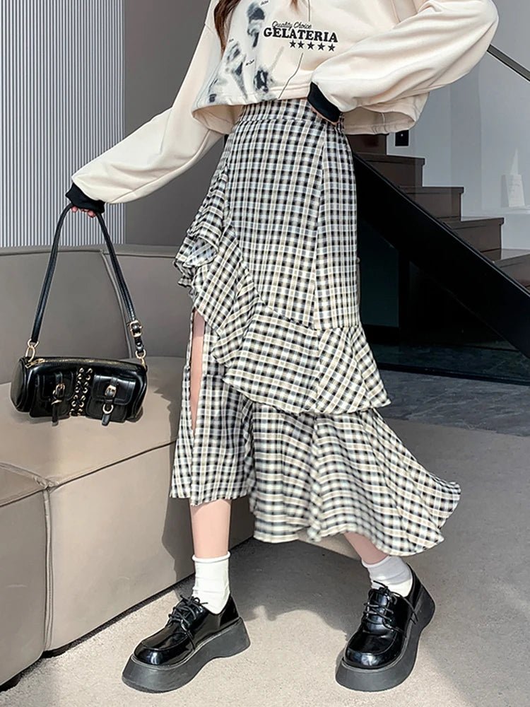 Vintage Plaid Midi Skirt – A-Line Ruffle