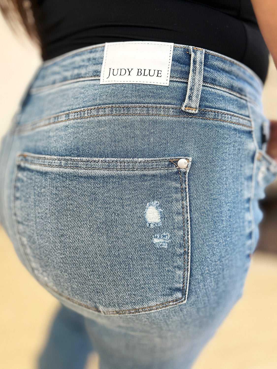 Judy Blue Full Size Mid Rise Destroyed Hem Distressed Jeans -- 