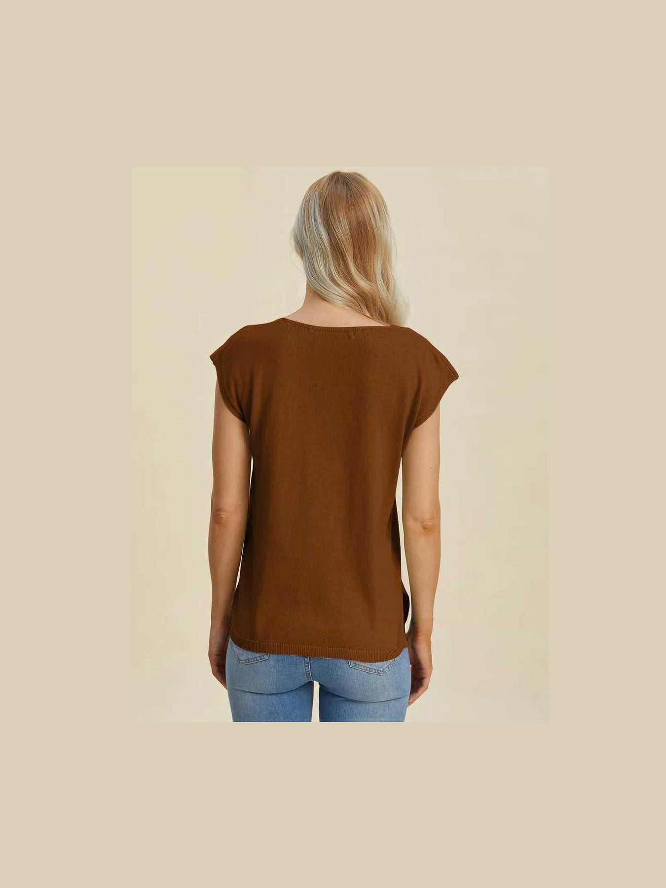 Double Take Full Size Notched Cap Sleeve Knit Top -- 