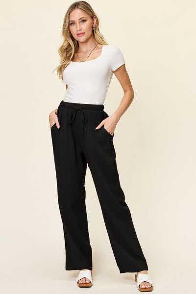 Double Take Full Size Texture Drawstring Straight Pants -- 