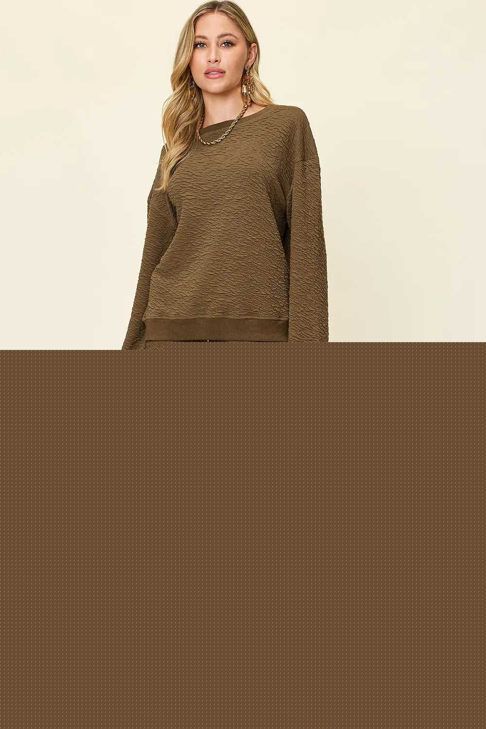 Double Take Full Size Texture Long Sleeve Top and Pants Set -- 