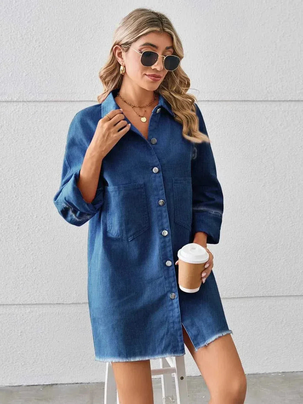 Raw Hem Button Up Denim Dress -- 